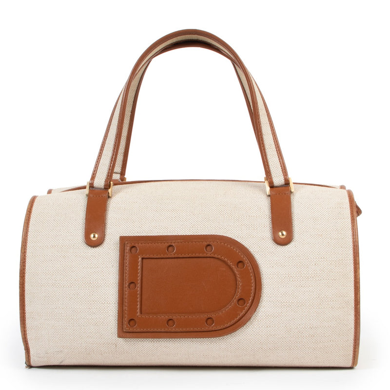 Original preloved Delvaux Boston Cognac Canvas Top Handle on vintage site for luxury designer bags by Labellov Antwerp