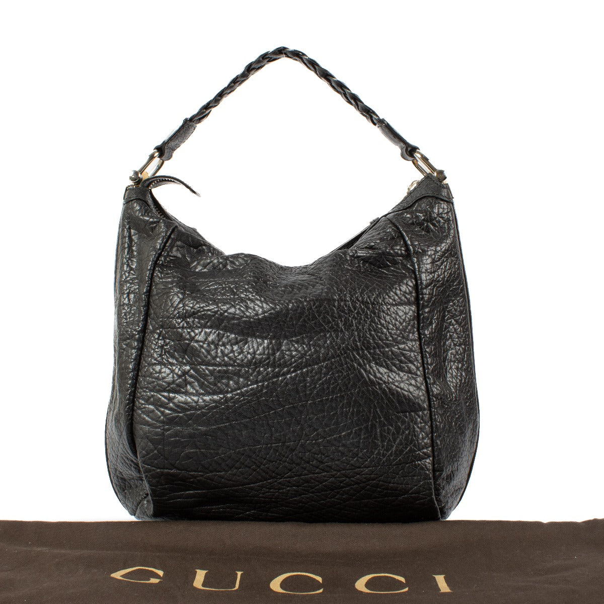 Gucci Black Pebbled Leather Bamboo Bar Hobo Bag