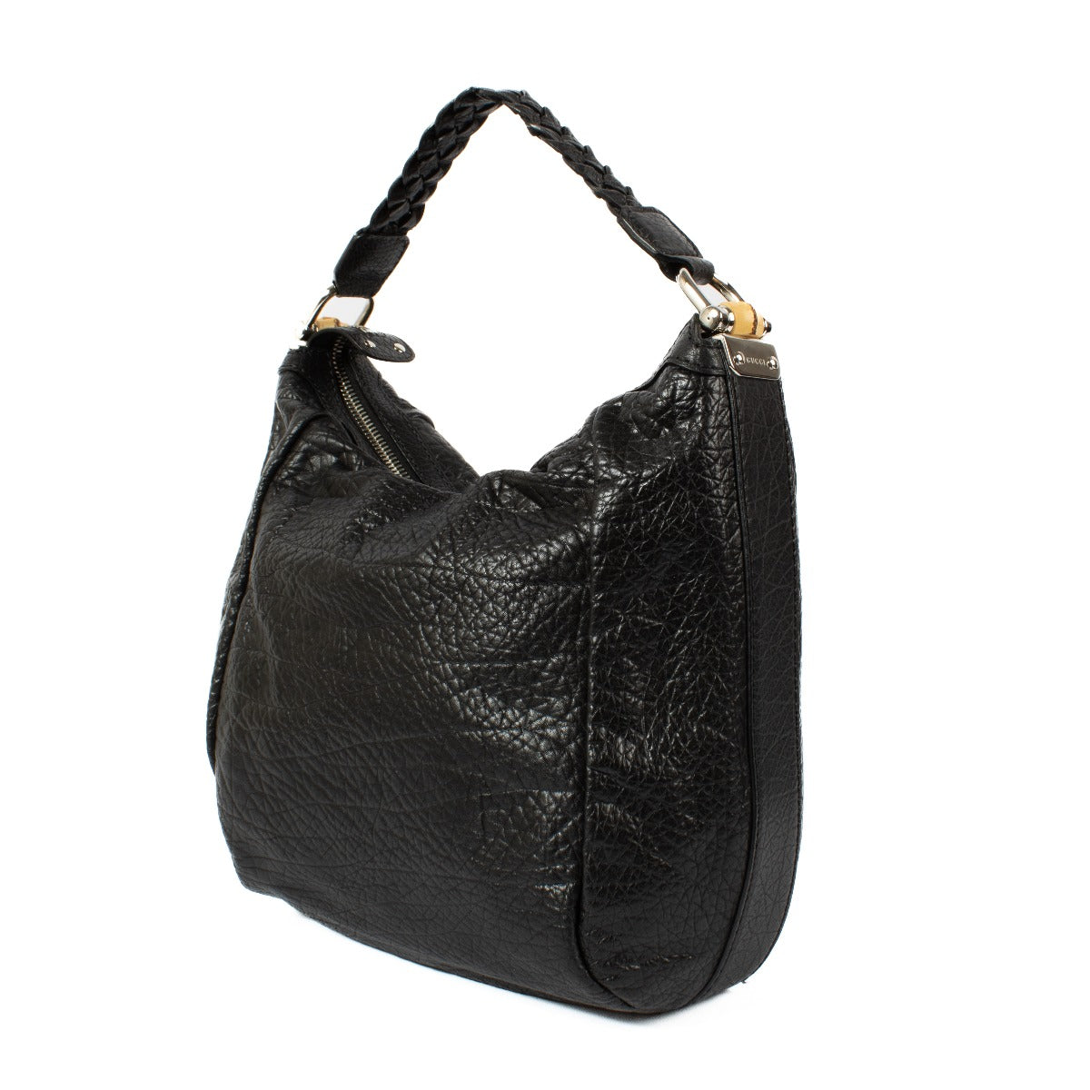 Gucci Black Pebbled Leather Bamboo Bar Hobo Bag