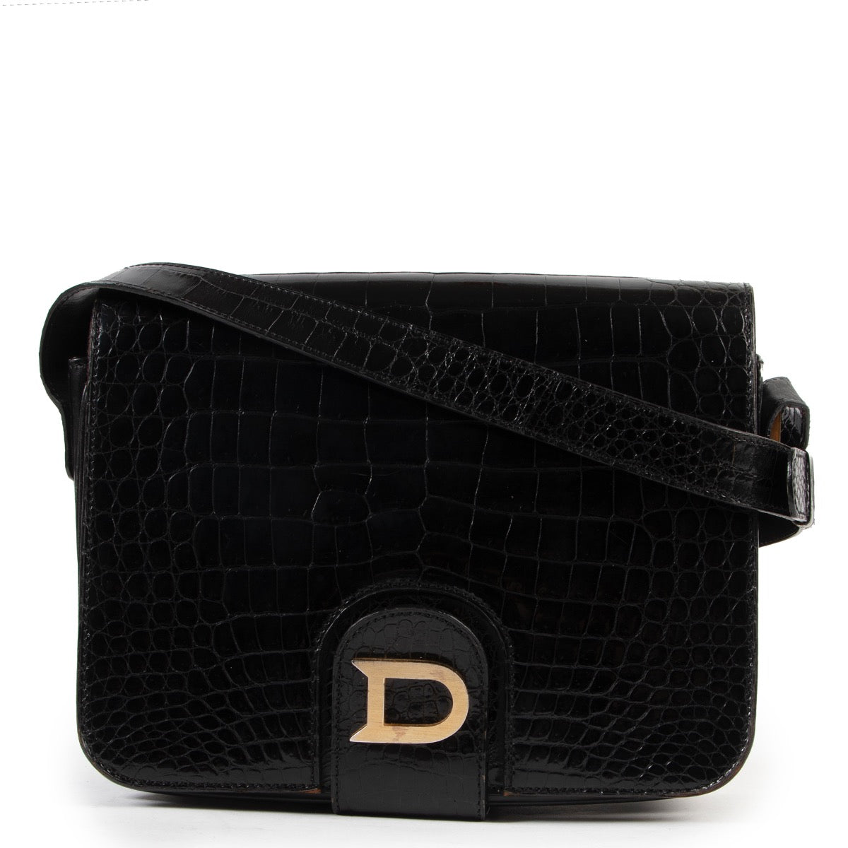 Shop safe online 100% authentic second hand Delvaux Black Croco Crossbody bag in very good condition at the right price at labellov in Antwerp.