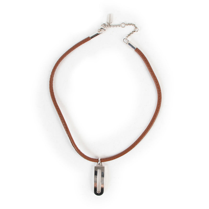 Delvaux Tan Leather Silver D Necklace