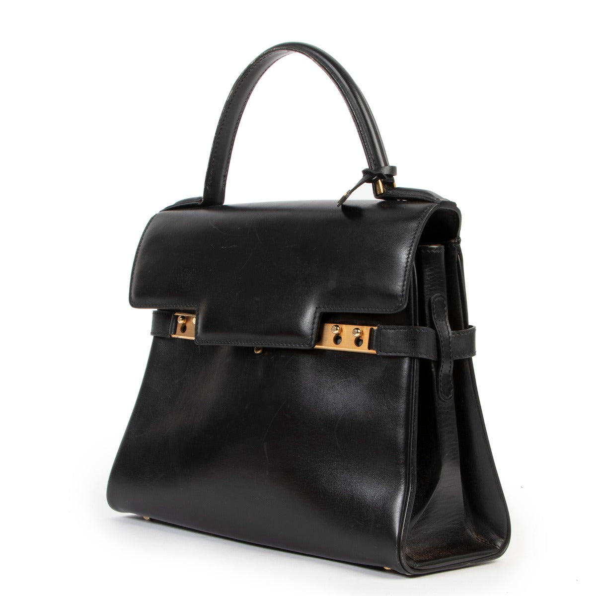 Original no fake Delvaux Tempête Black Leather Top handle in good condition on Labellov vintage site for 2nd hand luxury goods