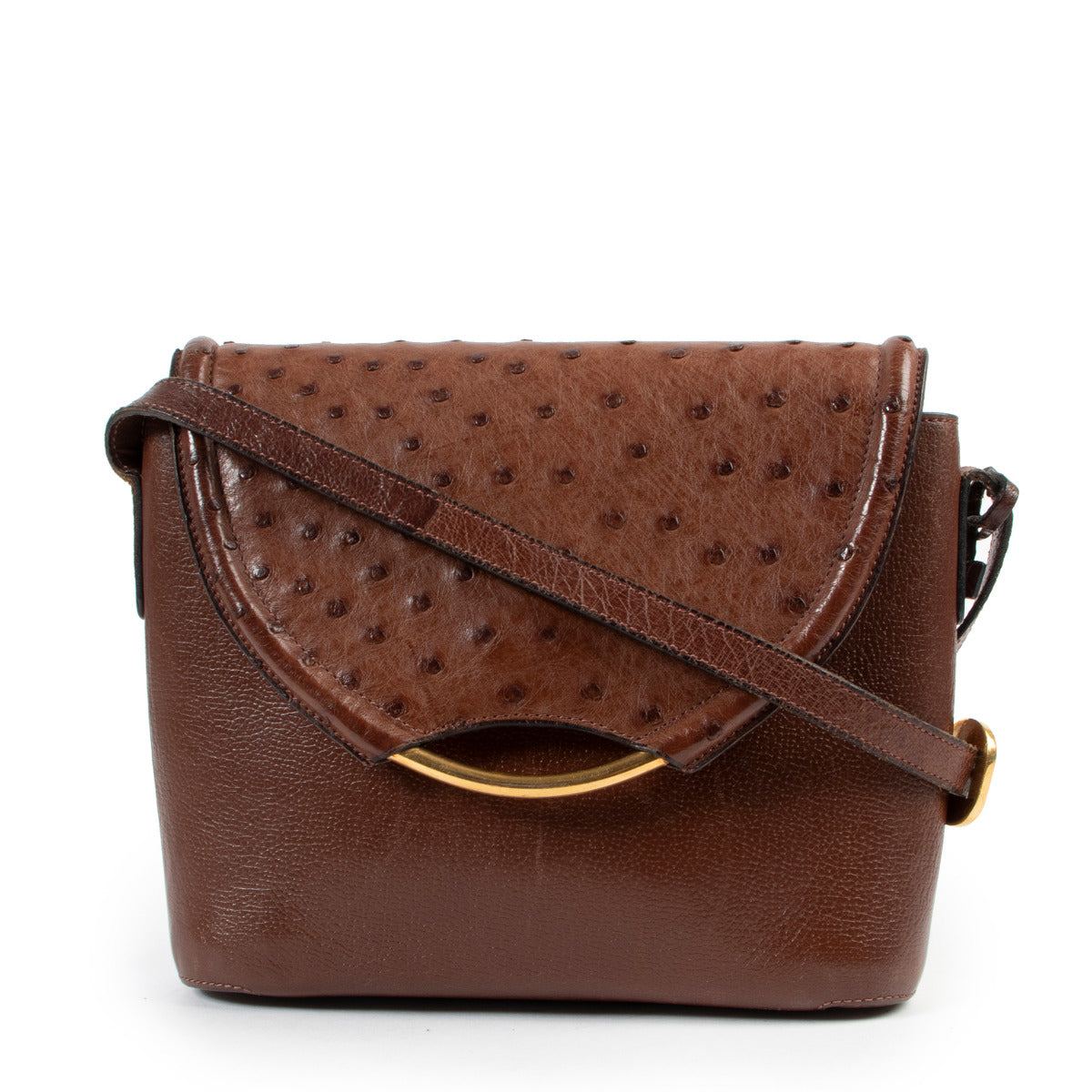 Delvaux Brown Autruche Eclair Crossbody Bag