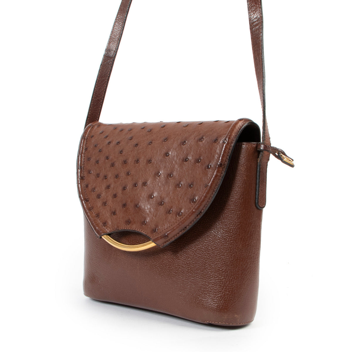 Delvaux Brown Autruche Eclair Crossbody Bag