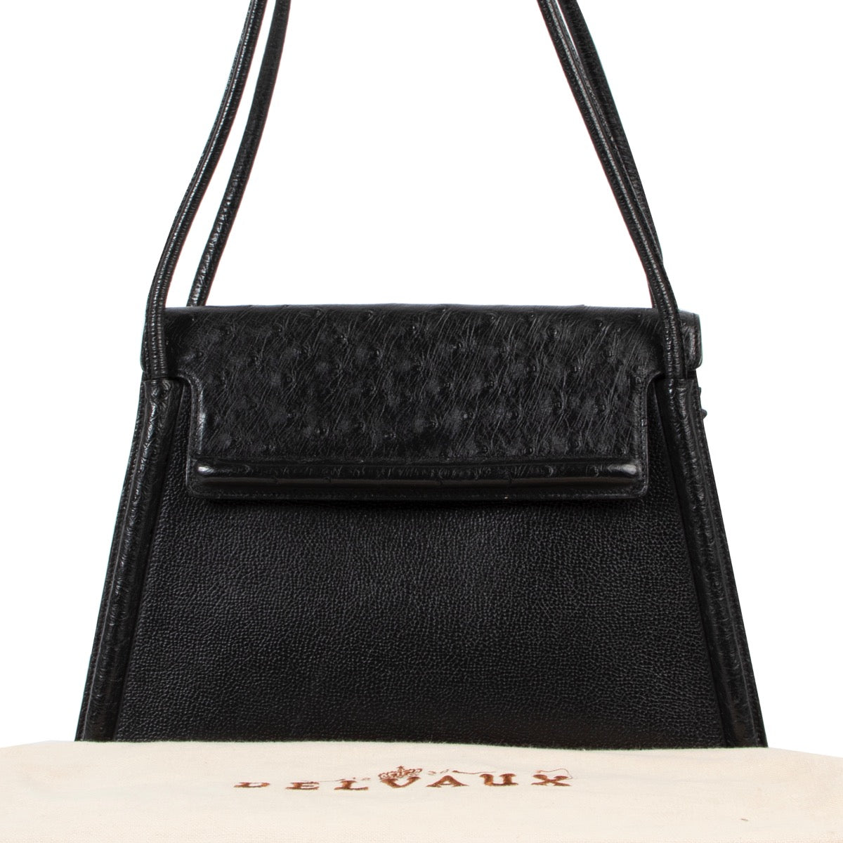 Original vintage Delvaux Black Leather Ostrich Shoulder Bag for sale in good condition on Labellov vintage site with good price