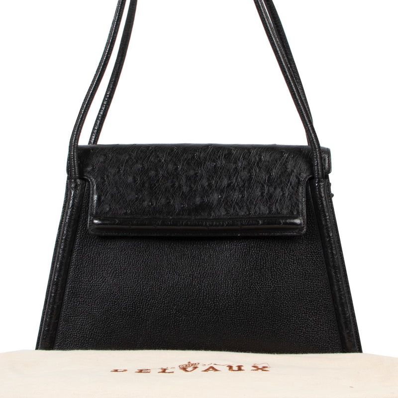 Original vintage Delvaux Black Leather Ostrich Shoulder Bag for sale in good condition on Labellov vintage site with good price