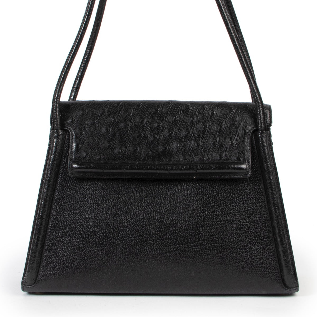 Original vintage Delvaux Black Leather Ostrich Shoulder Bag for sale in good condition on Labellov vintage site with good price
