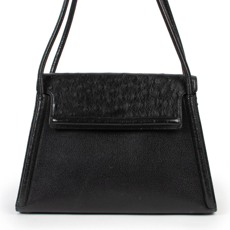 Original vintage Delvaux Black Leather Ostrich Shoulder Bag for sale in good condition on Labellov vintage site with good price