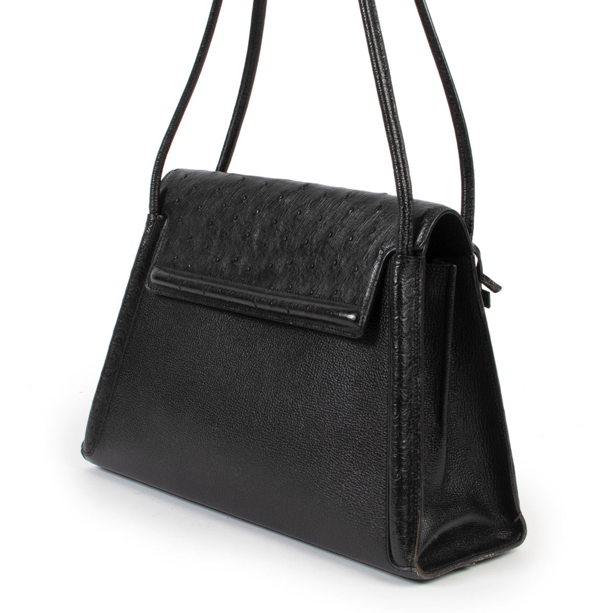 Original vintage Delvaux Black Leather Ostrich Shoulder Bag for sale in good condition on Labellov vintage site with good price