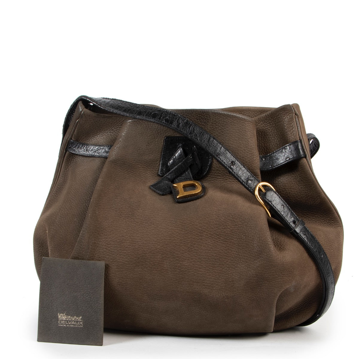 Delvaux Green / Black Ostrich Crossbody in good condition for sale on Labellov site for luxury vintage items from 2nd hand buyers