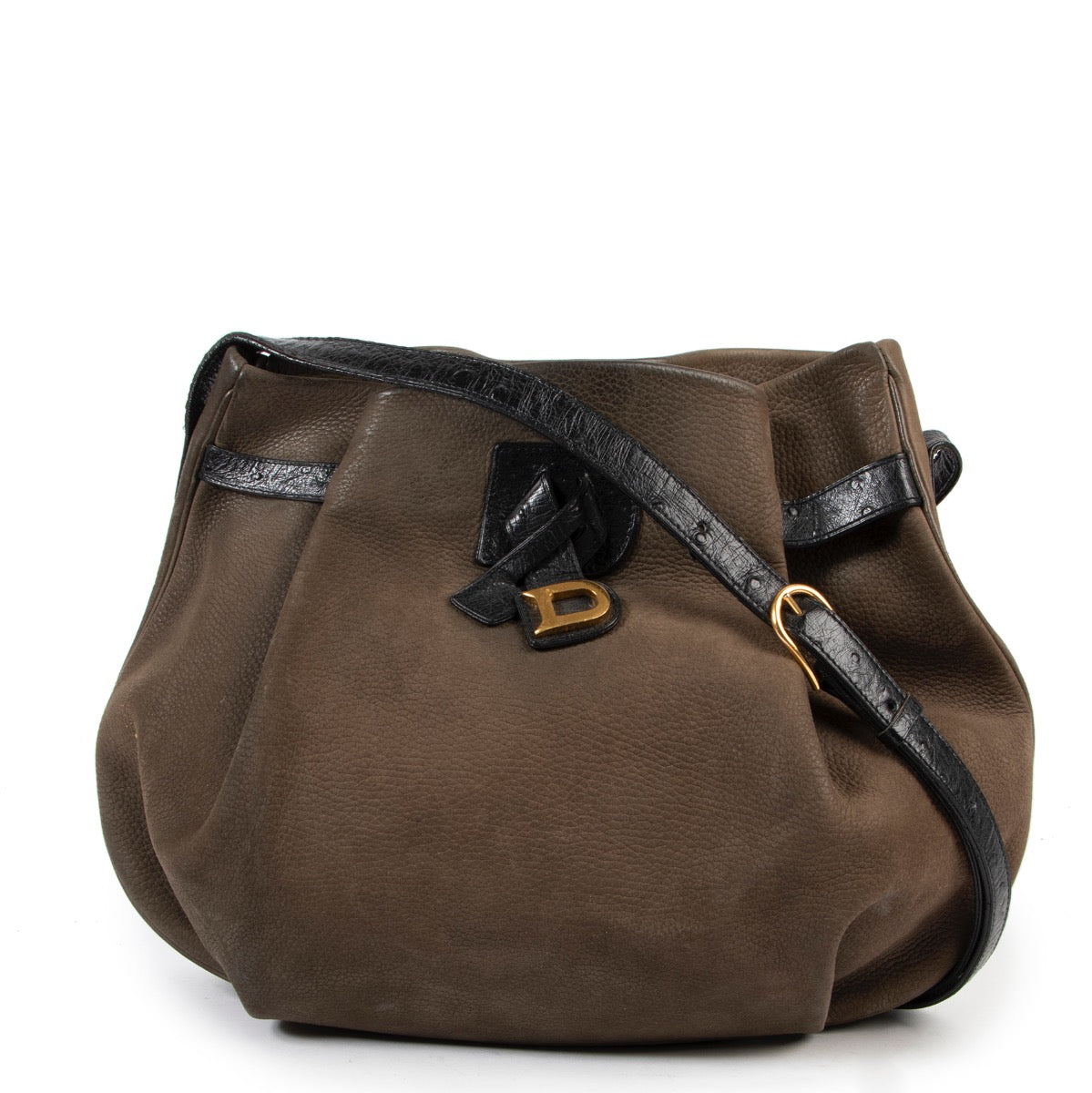 Delvaux Green / Black Ostrich Crossbody in good condition for sale on Labellov site for luxury vintage items from 2nd hand buyers