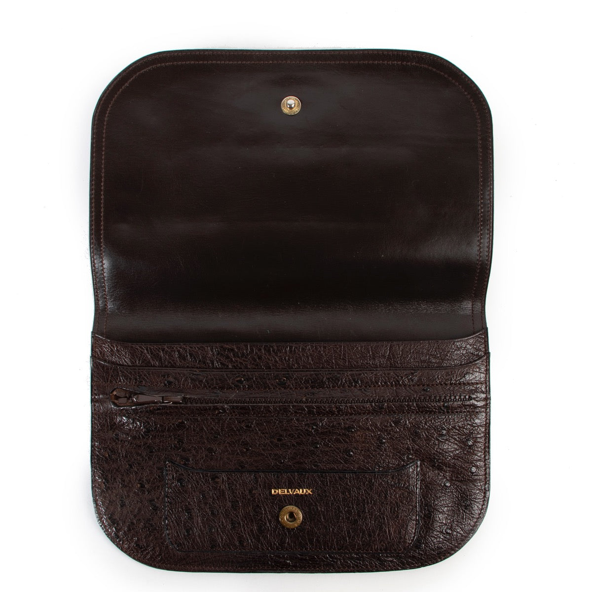 Shop safe online 100% authentic second hand Delvaux Brown Ostrich Pochette at labellov in Antwerp.