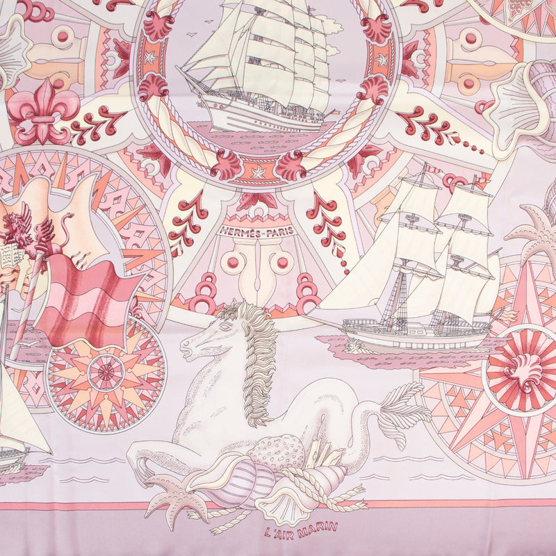 Hermès Pink L'air Marin Scarf in very good condition with vacation Marine prints in the original state on Labellov Luxury vintage store for 2nd hand designers