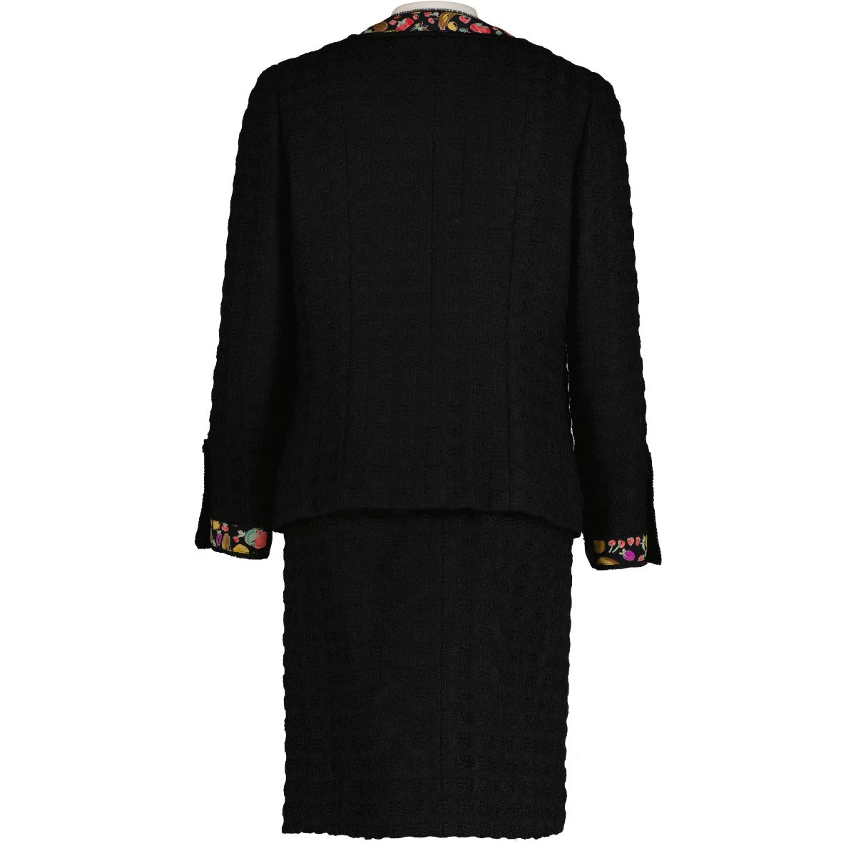 Ensemble en Soie Imprimé Fruits en Tweed Noir Chanel Années 80 - Taille 40