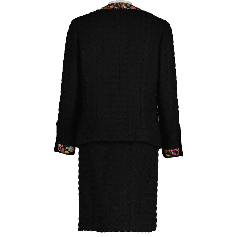 Chanel jaren 80 zwart tweed zijden set met fruitprint - Maat 40