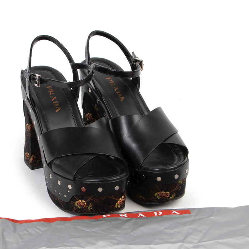 Prada Black Jacquard Platform Sandal - Size 38 at Labellov available online or in store