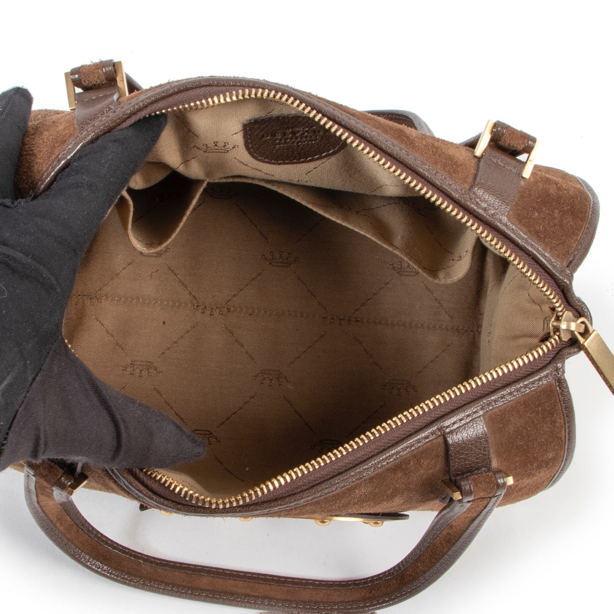 Delvaux Astrid Marron Suede Top-handle original model with D signature in good condition on Labellov vintage site now for sale