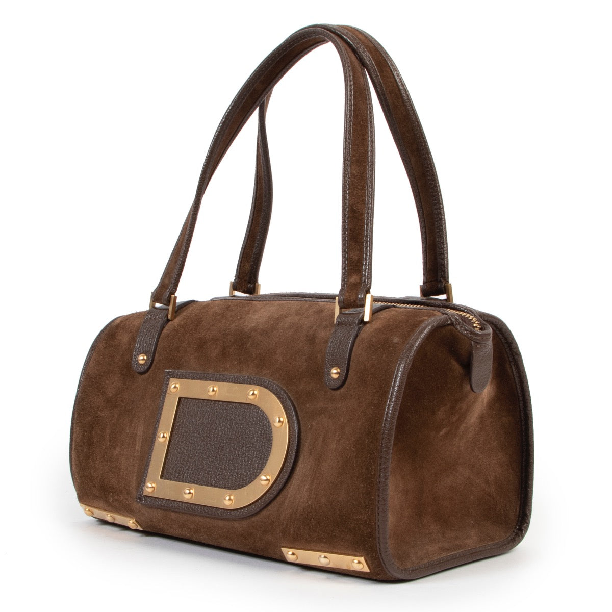 Delvaux Astrid Marron Suede Top-handle original model with D signature in good condition on Labellov vintage site now for sale