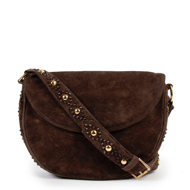 Preloved old school vintage Saint Laurent Brown Suede Crossbody designer bag on Labellov 2nd hand site for sale