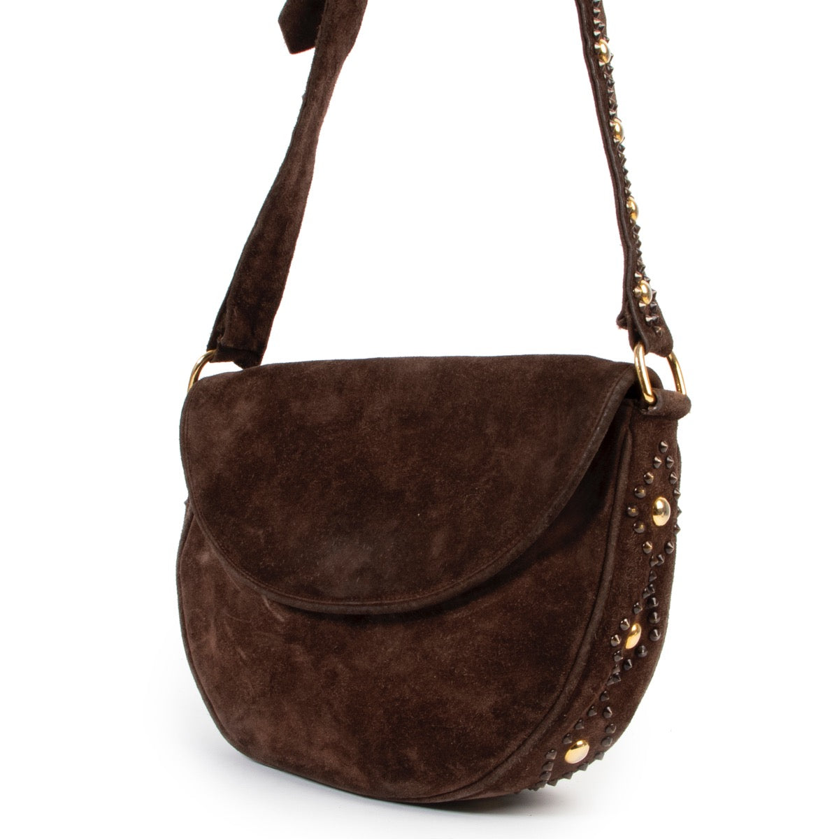 Preloved old school vintage Saint Laurent Brown Suede Crossbody designer bag on Labellov 2nd hand site for sale