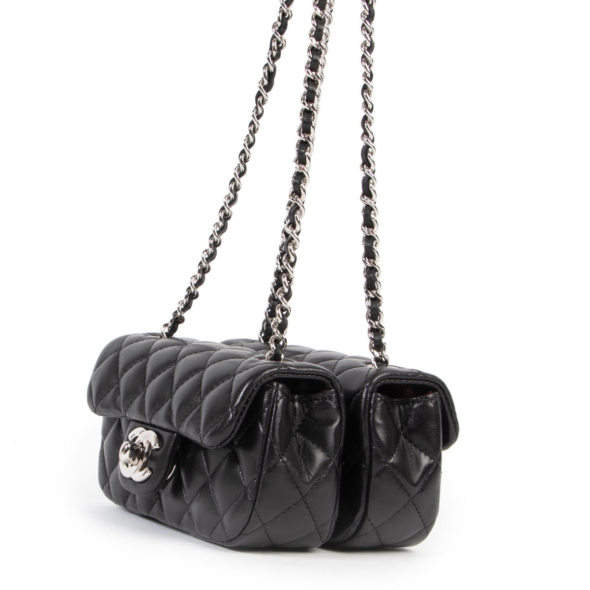 Chanel Zwart Doorgestikt Lamsleer Double Mini Flap Crossbody