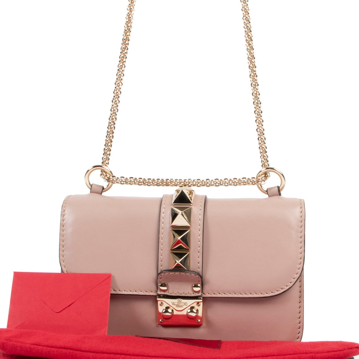 Original Valentino Small Glam Lock Lipstick Pink Leather Crossbody in good condition on LAbellov site for luxury vintage goods and designer bags