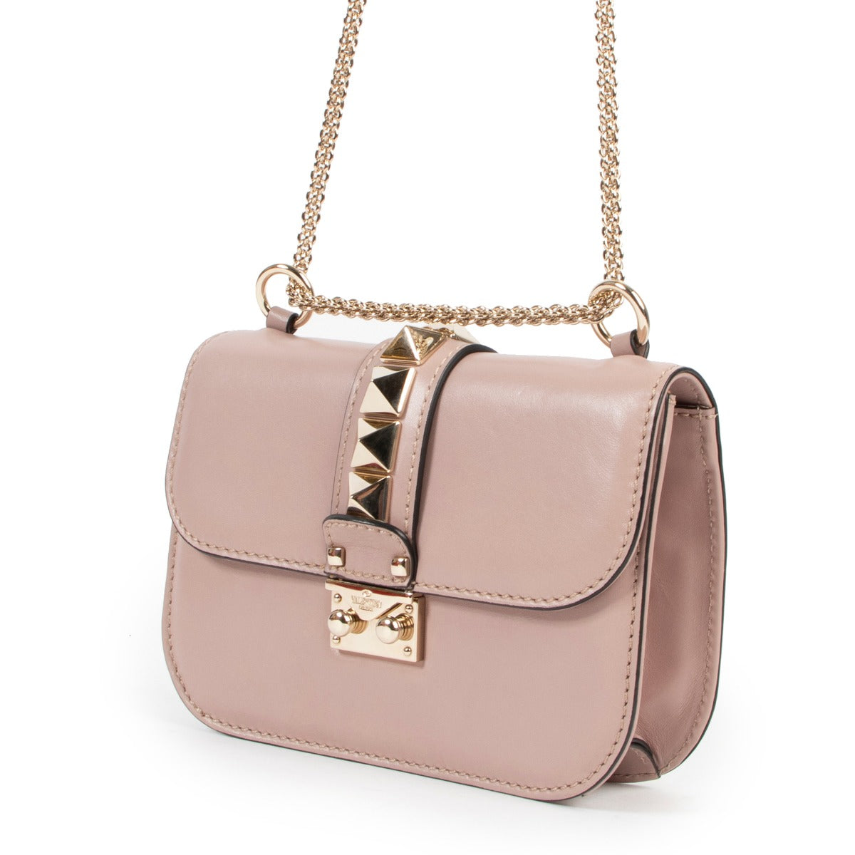 Original Valentino Small Glam Lock Lipstick Pink Leather Crossbody in good condition on LAbellov site for luxury vintage goods and designer bags