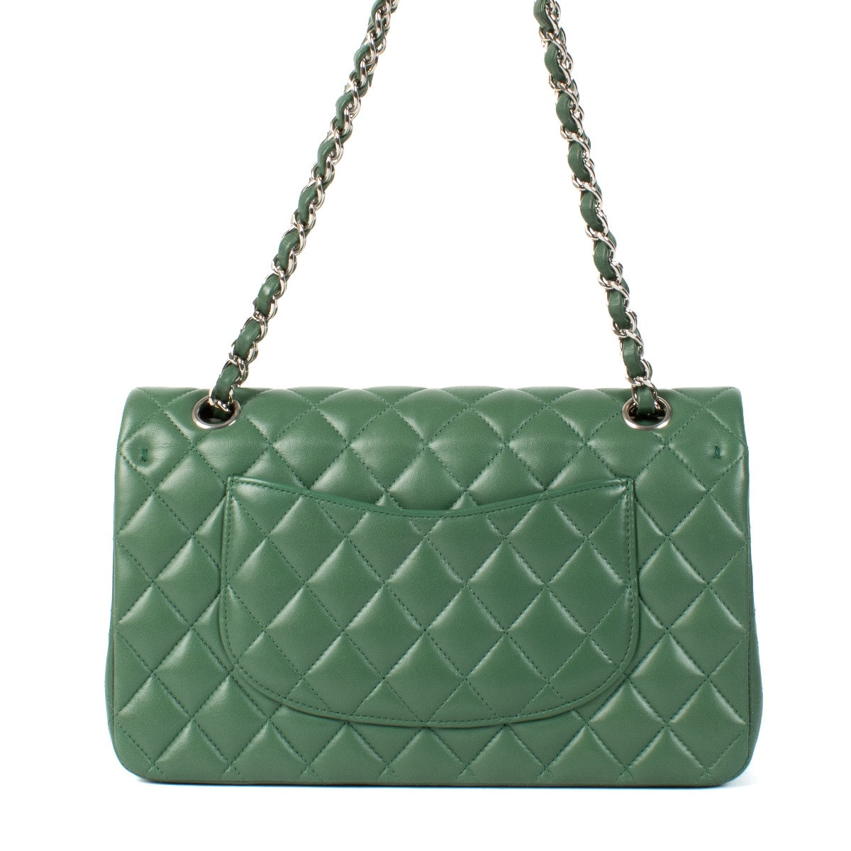 Shop safe online at Labellov in Antwerp, Brussels and Knokke this 100% authentic second hand Chanel Green Lambskin Medium Classic Flap Bag