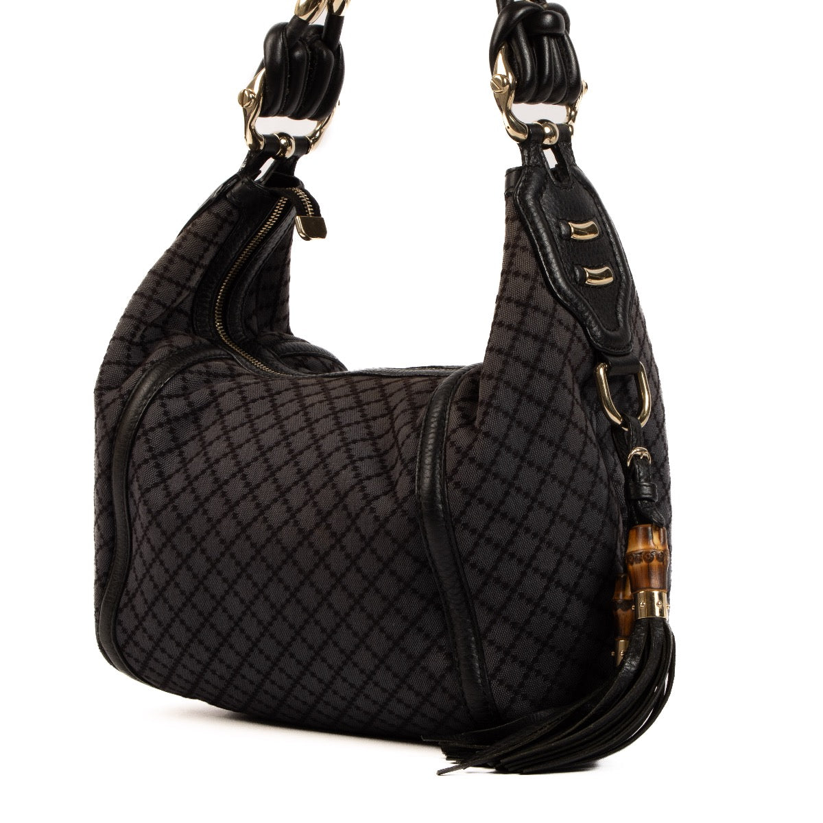 Gucci Blue Diamante Canvas Techno Horsebit Bamboo Tassel Bag