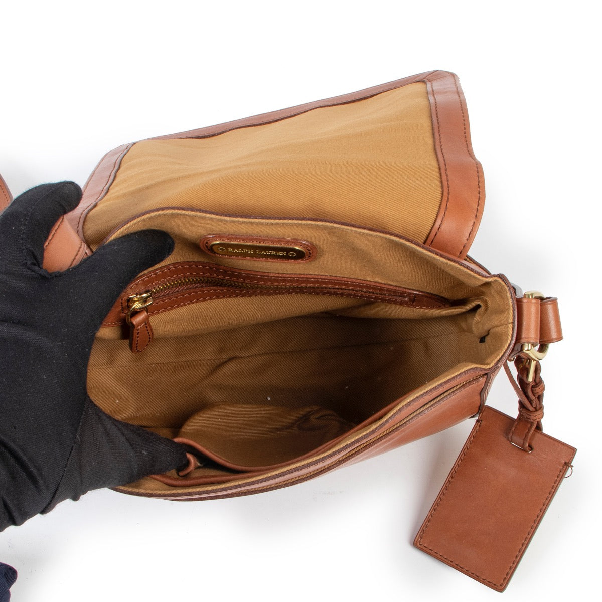 Ralph Lauren Cognac Lambskin Leather Crossbody in very good condition on Labellov vintage website for 2nd hand designers
