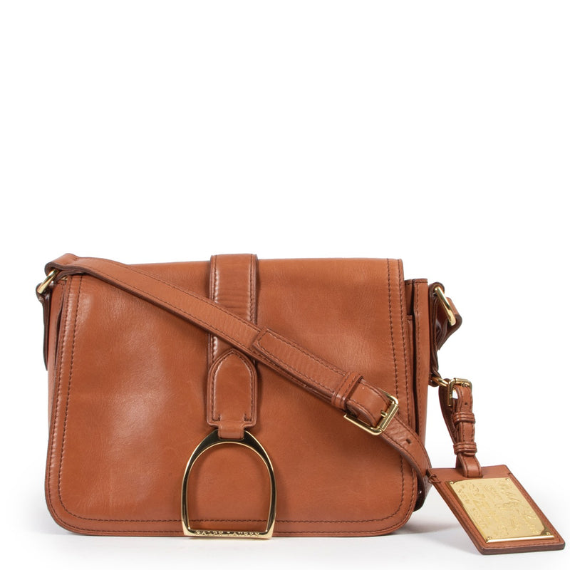 Ralph Lauren Cognac Lambskin Leather Crossbody in very good condition on Labellov vintage website for 2nd hand designers