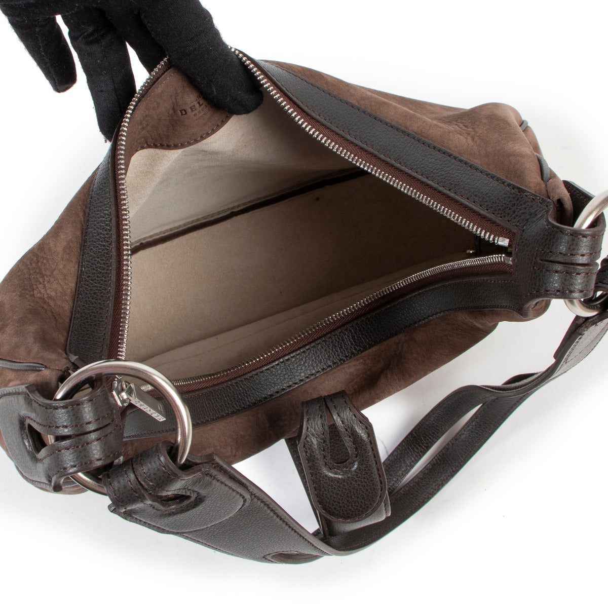 Original no fake Delvaux Brown Nubuck Camille Shoulder Bag now online for sale at Labellov Antwerp for 2nd hand vintage designer goods