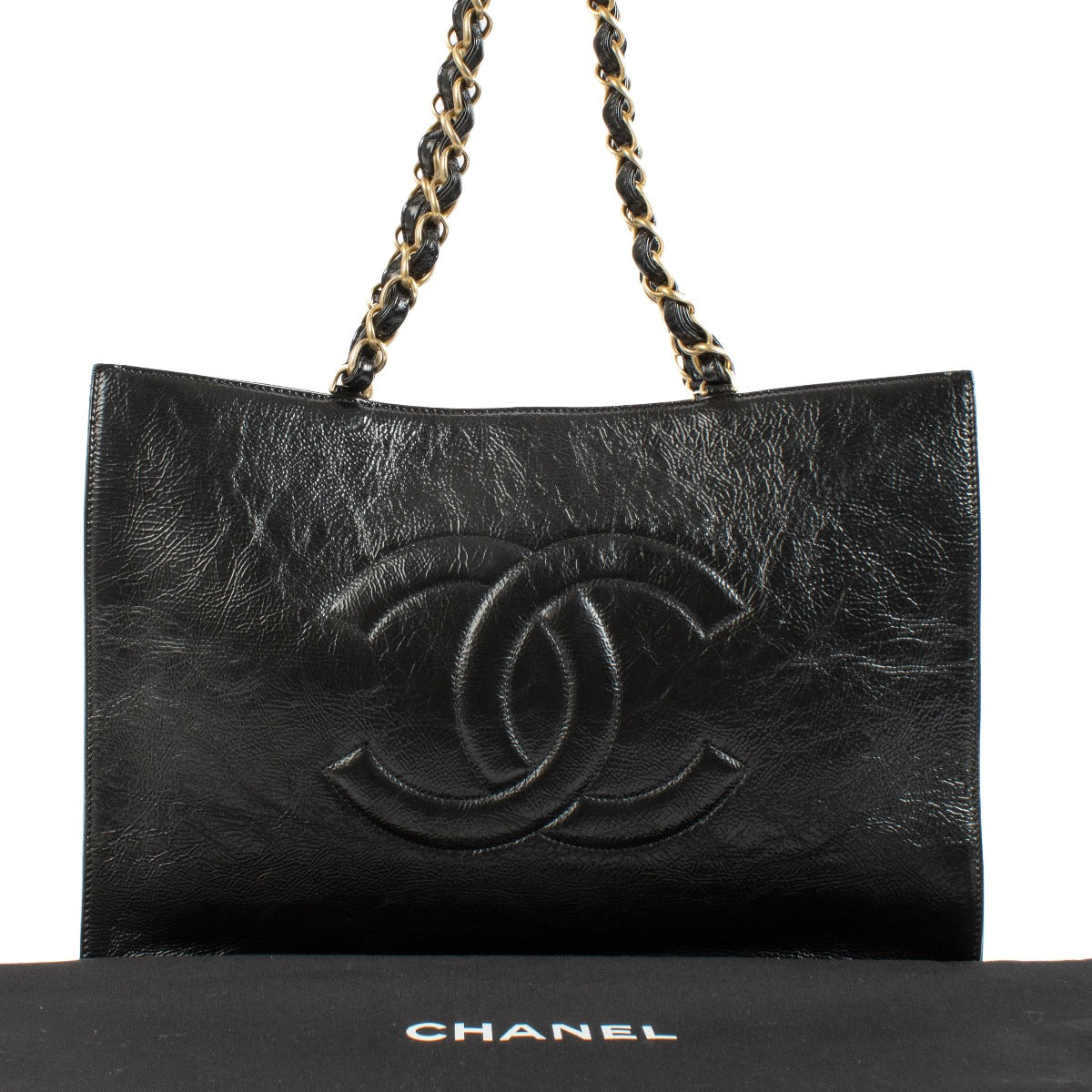 Sac cabas Chanel Grand Shopping en veau vieilli noir brillant