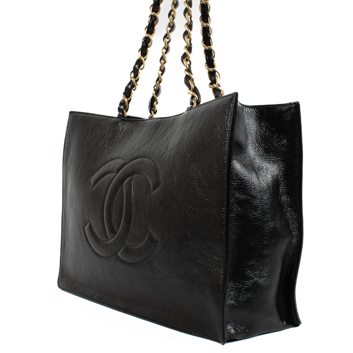 Sac cabas Chanel Grand Shopping en veau vieilli noir brillant