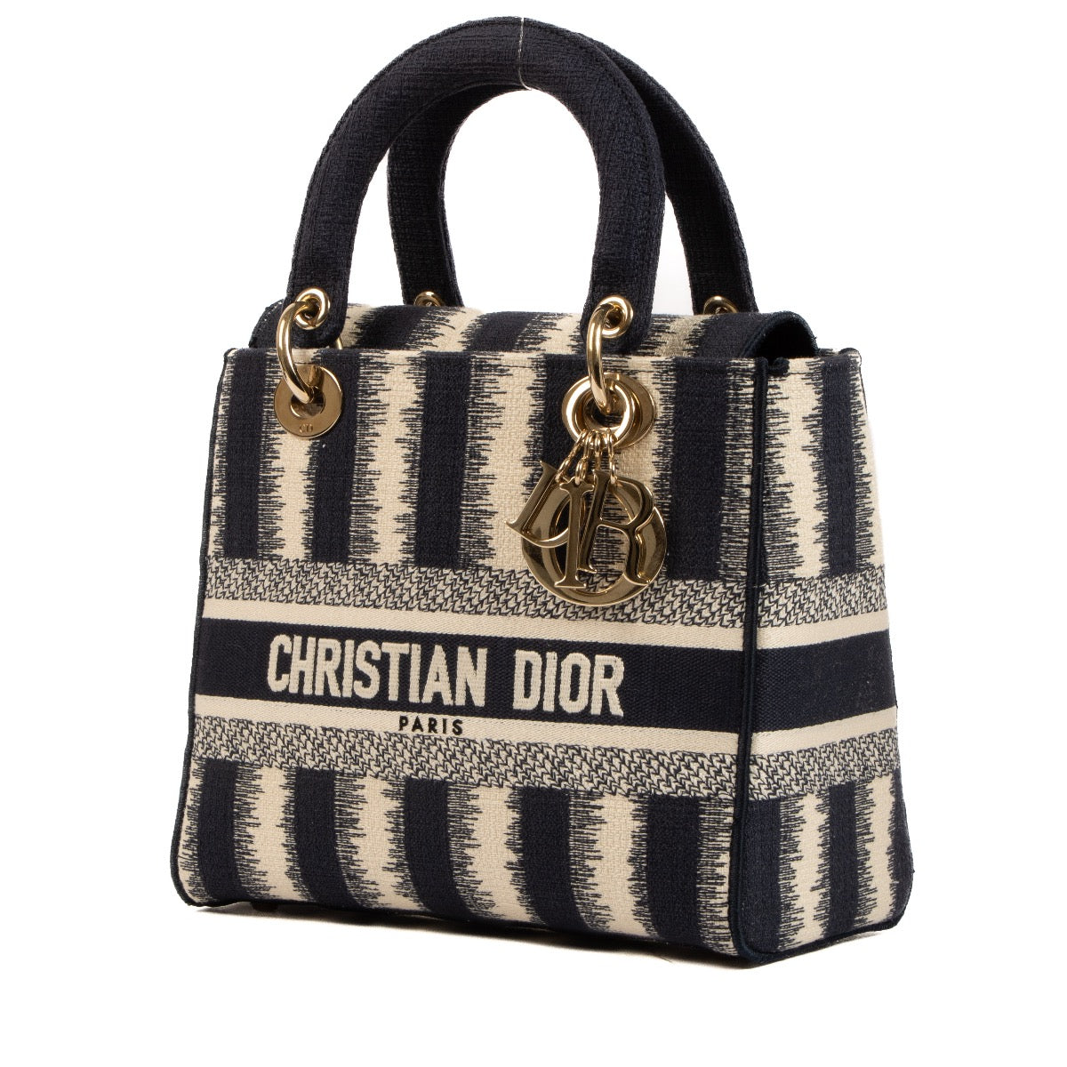 Shop safe online at Labellov in Antwerp, Brussels and Knokke this 100% authentic second hand Christian Dior Blue and Beige Striped Lady D-Lite Top Handle