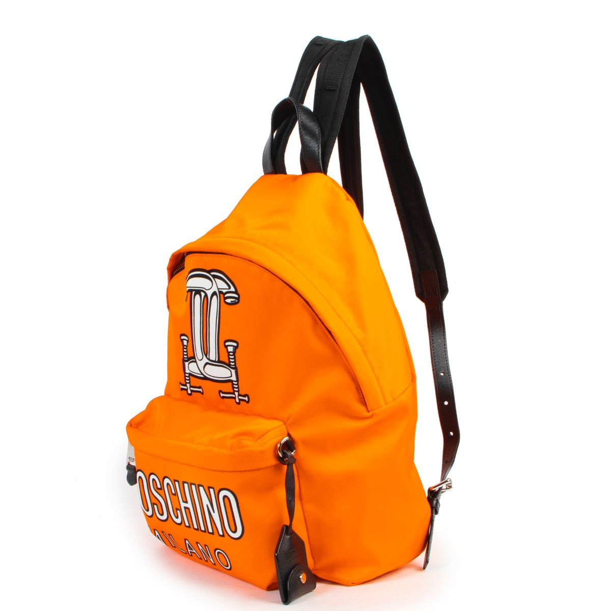 Shop safe online 100% authentic second hand Moschino Neon Orange Nylon Backpack in very good condition at Labellov in Antwerp.