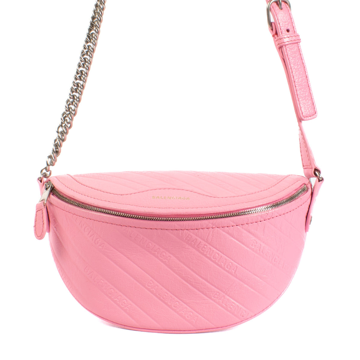 Balenciaga Shiny Goatskin All Over Logo Embossed Pink Crossbody Bum Bag