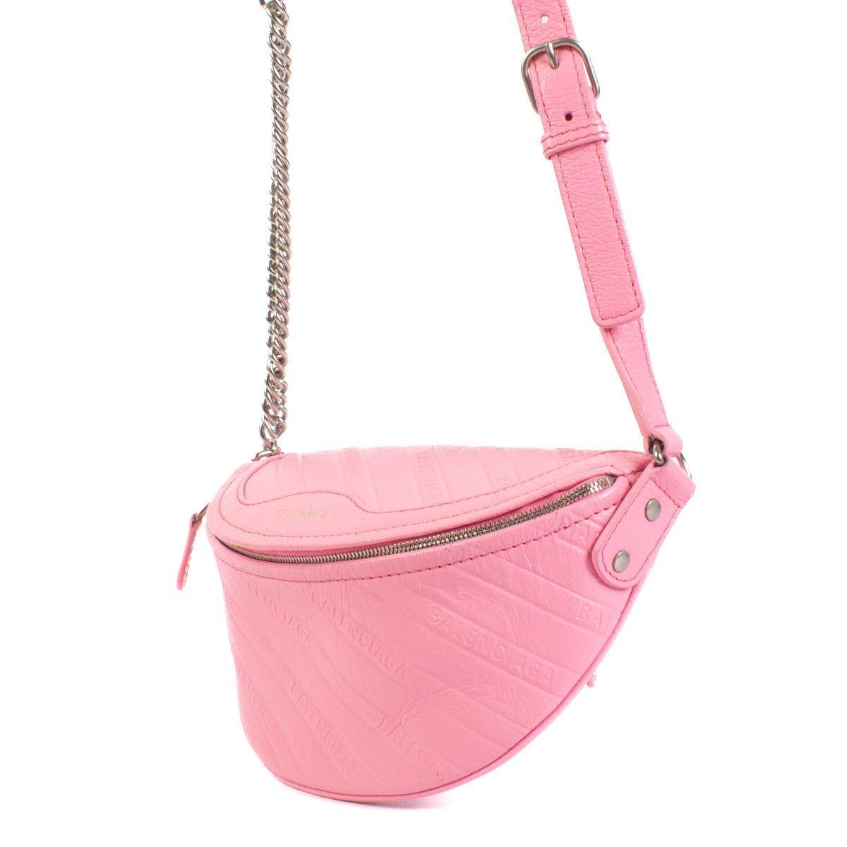Balenciaga Glanzend Geitenleer All Over Logo In Reliëf Roze Crossbody Heuptas