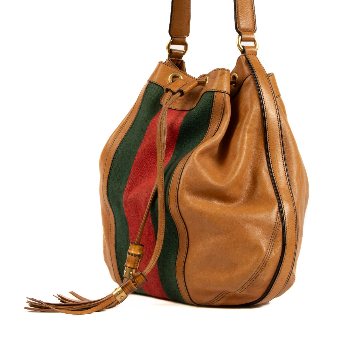 Gucci Camel Leather Web Bamboo Tassel Rania Bag