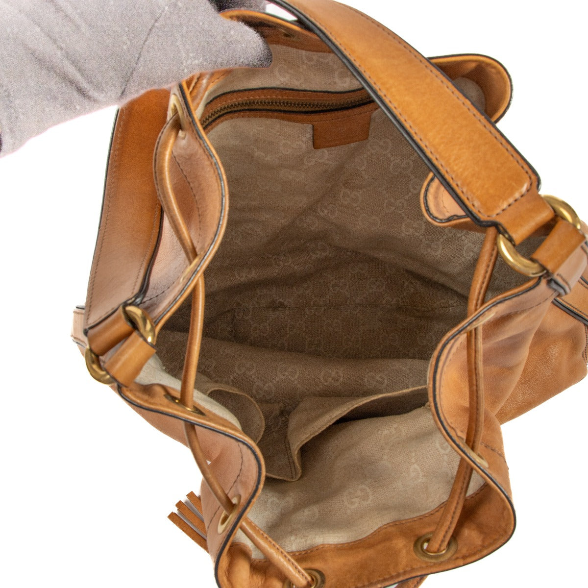 Gucci Camel Leather Web Bamboo Tassel Rania Bag
