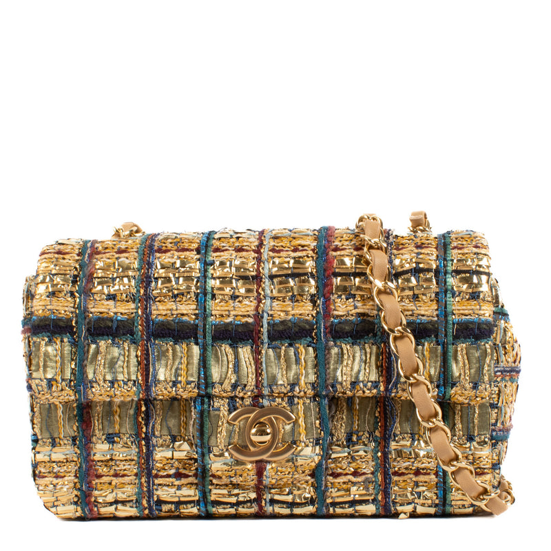 Chanel 19A Gold Foil & Tweed Mini Classic Bag