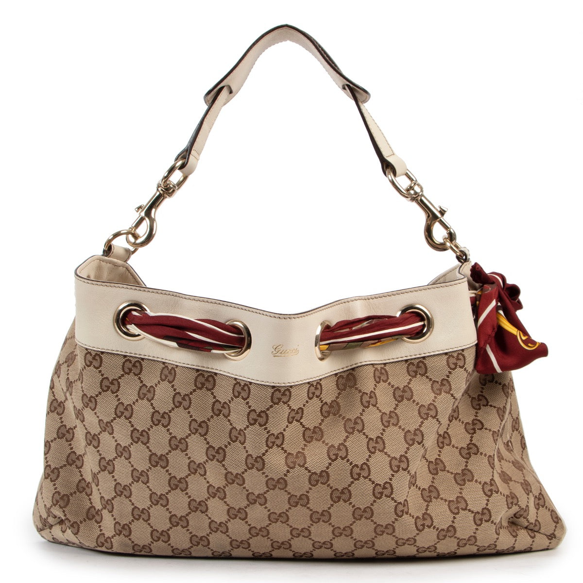 Shop safe online 100% authentic second hand Gucci Monogram Silk Scarf Positano Shoulder Bag in very good condition at the right price at labellov in Antwerp.