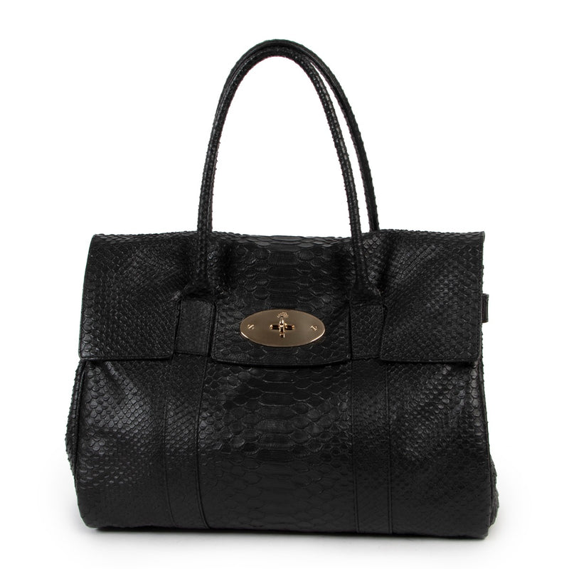shop safe online secondhand Mulberry Black Snakeskin Bayswater Tote for the best price . skip the waitinglist shop online your secondhand Mulberry Black python Printed Bayswater Tote