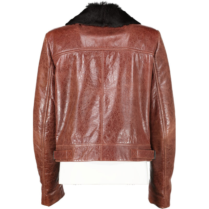 Balenciaga Fur Collar Brown Leather Jacket