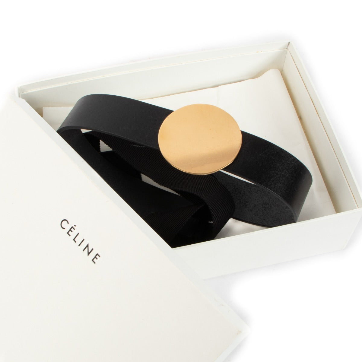 Celine Black Leather Belt with Gold Disk
