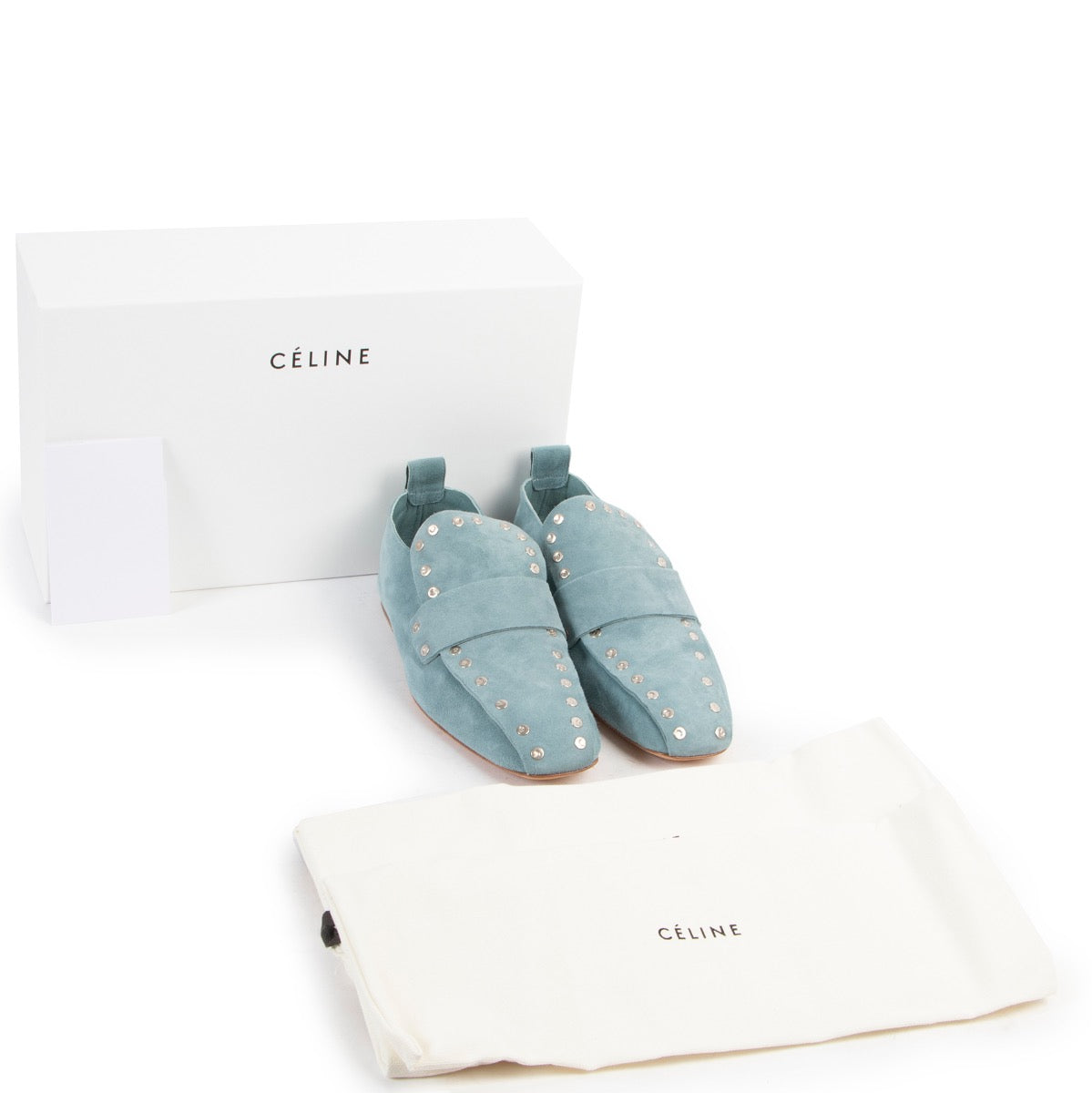 Shop safe online 100% authentic second hand Celine Mineral Blue Soft Rivet Stud Suede Loafers - Size 37,5 in very good condition as new at the right price at Labellov in Antwerp.