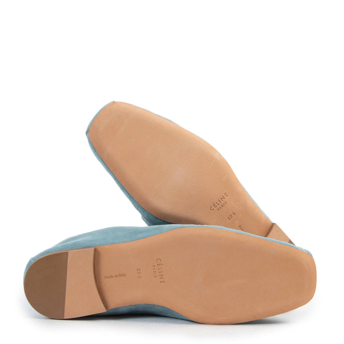 Shop safe online 100% authentic second hand Celine Mineral Blue Soft Rivet Stud Suede Loafers in very good condition as new at the right price at Labellov in Antwerp.