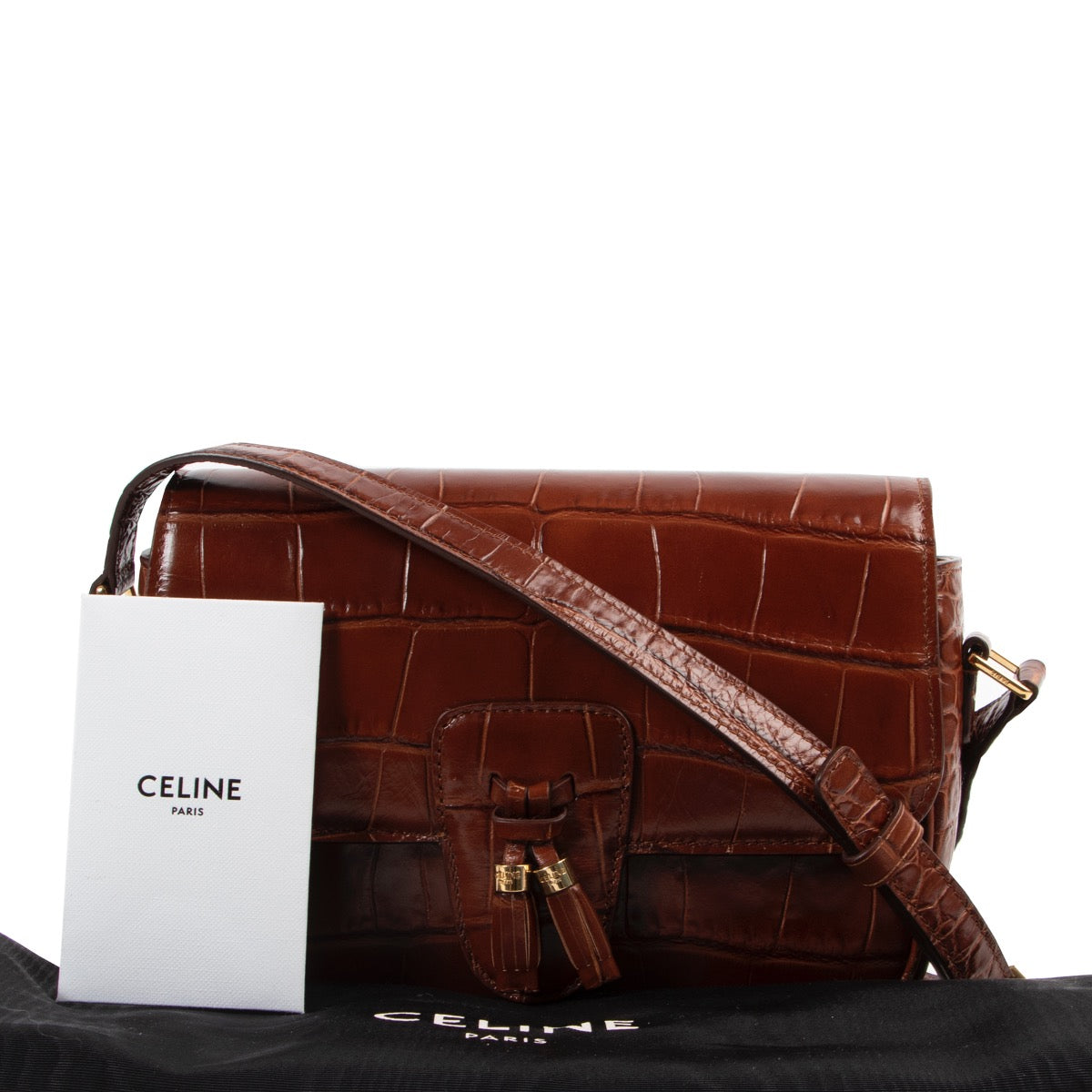 Shop safe online 100% authentic second hand Celine Brown Croco Stamp Tassel Bag Medium in very good condition at the right price at Labellov in Antwerp.