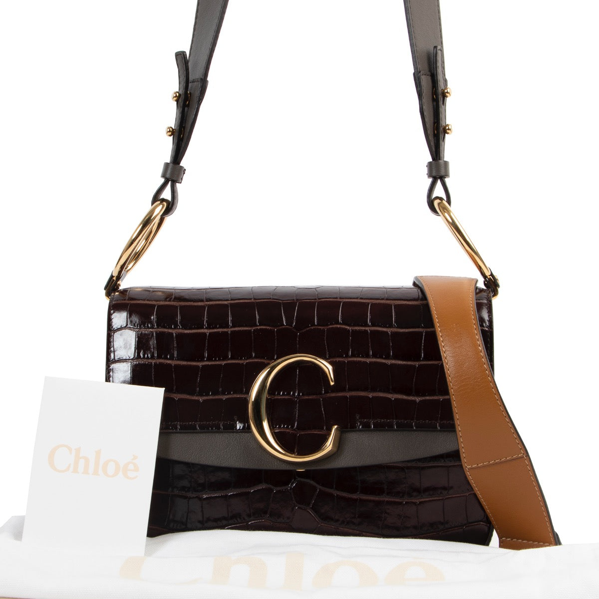Shop safe online 100% authentic second hand Chloé Brown Croco Embossed C Crossbody Bag in very good, excellent as new condition at the right price at labellov in Antwerp.