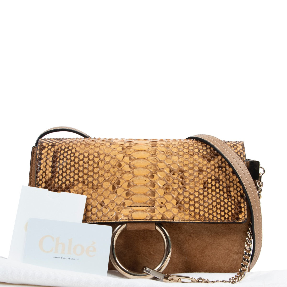 Shop safe online 100% authentic second hand Chloé Cognac Suede Python Small Faye Crossbody Bag in very good condition at the right price at Labellov in Antwerp.